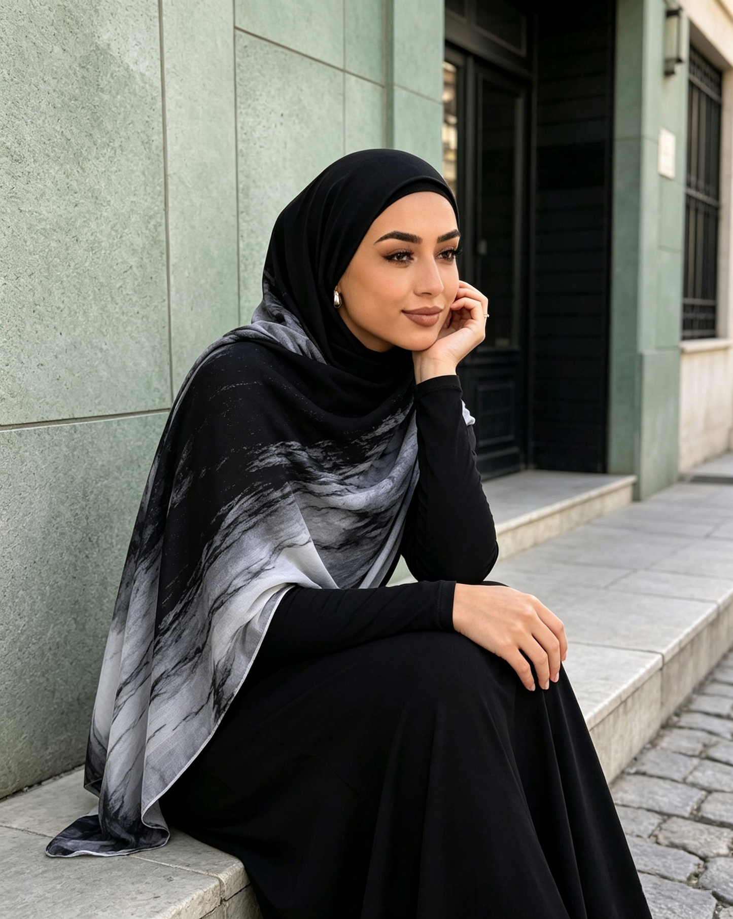 Black white marble hijab folded edge detail, 80x180cm