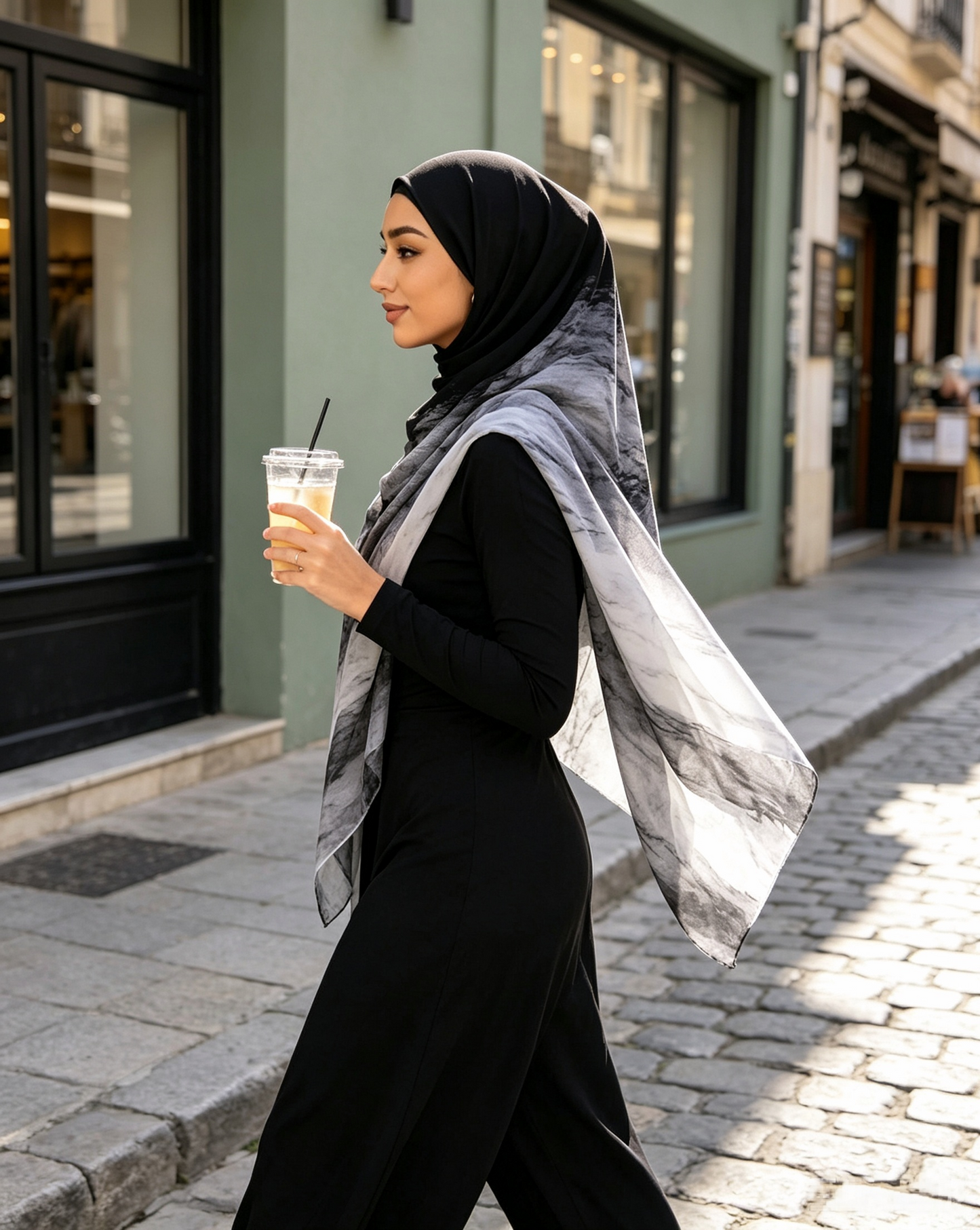 Black white marble hijab draped, 80x180cm lightweight cotton blend