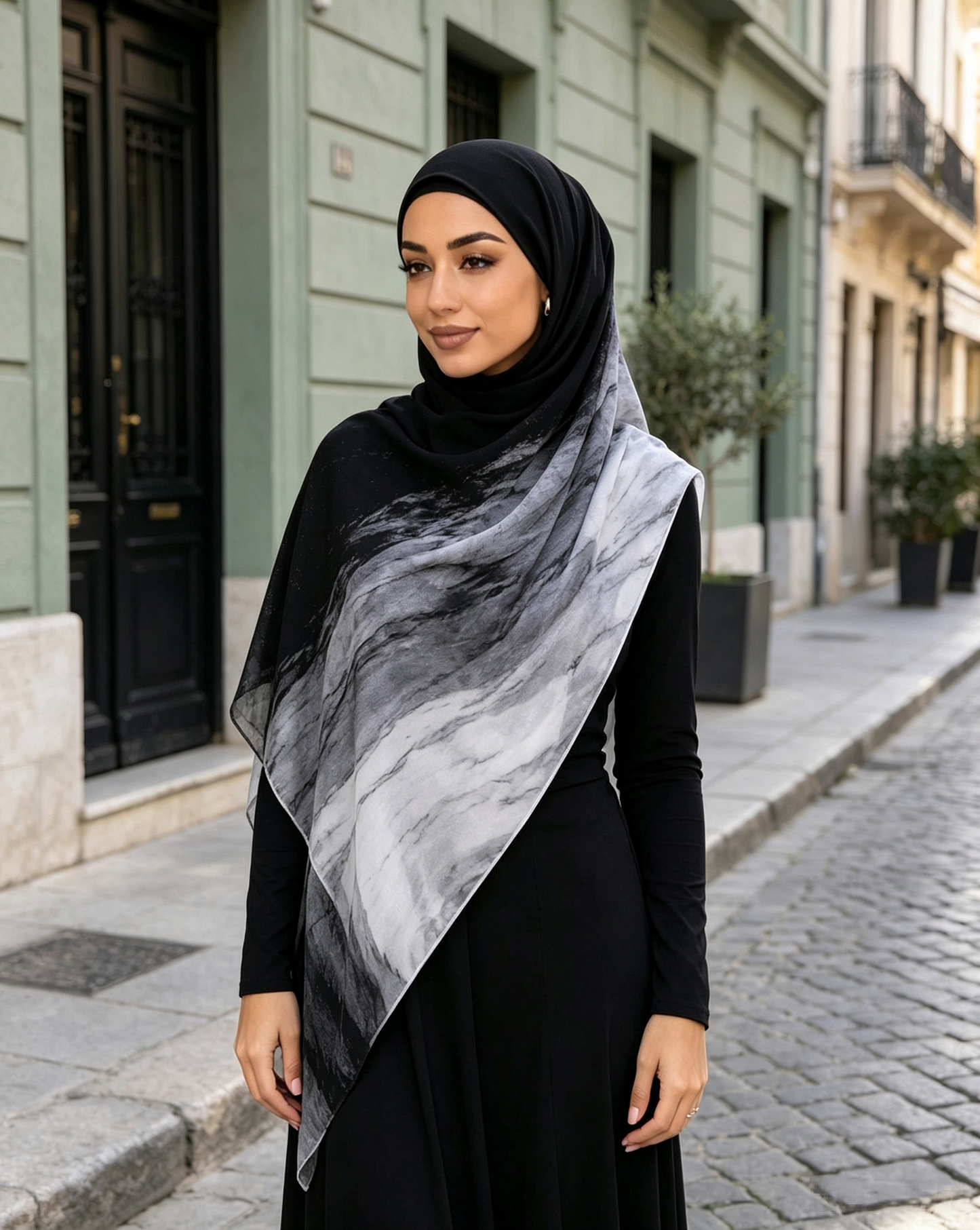 Black to white marble ink flow cotton blend hijab shawl, 80x180cm