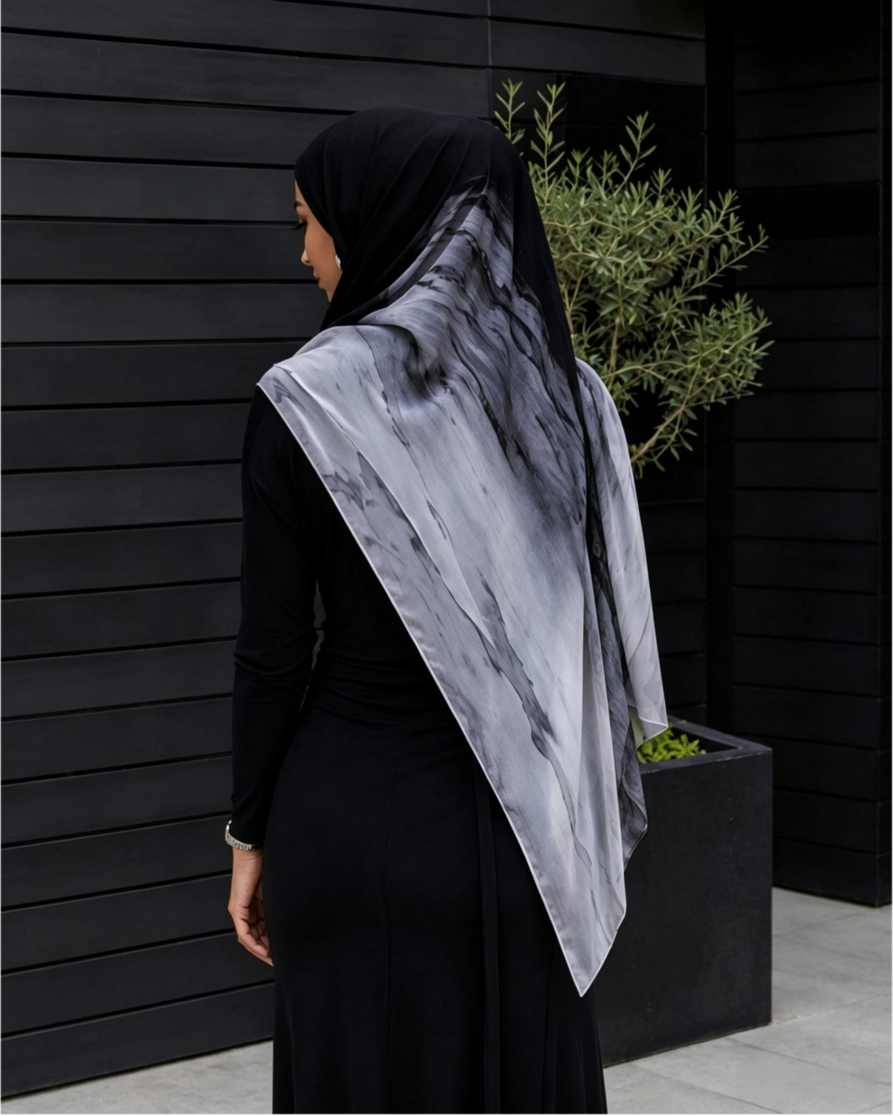 Black to white marble hijab gradient close-up, monochrome ink