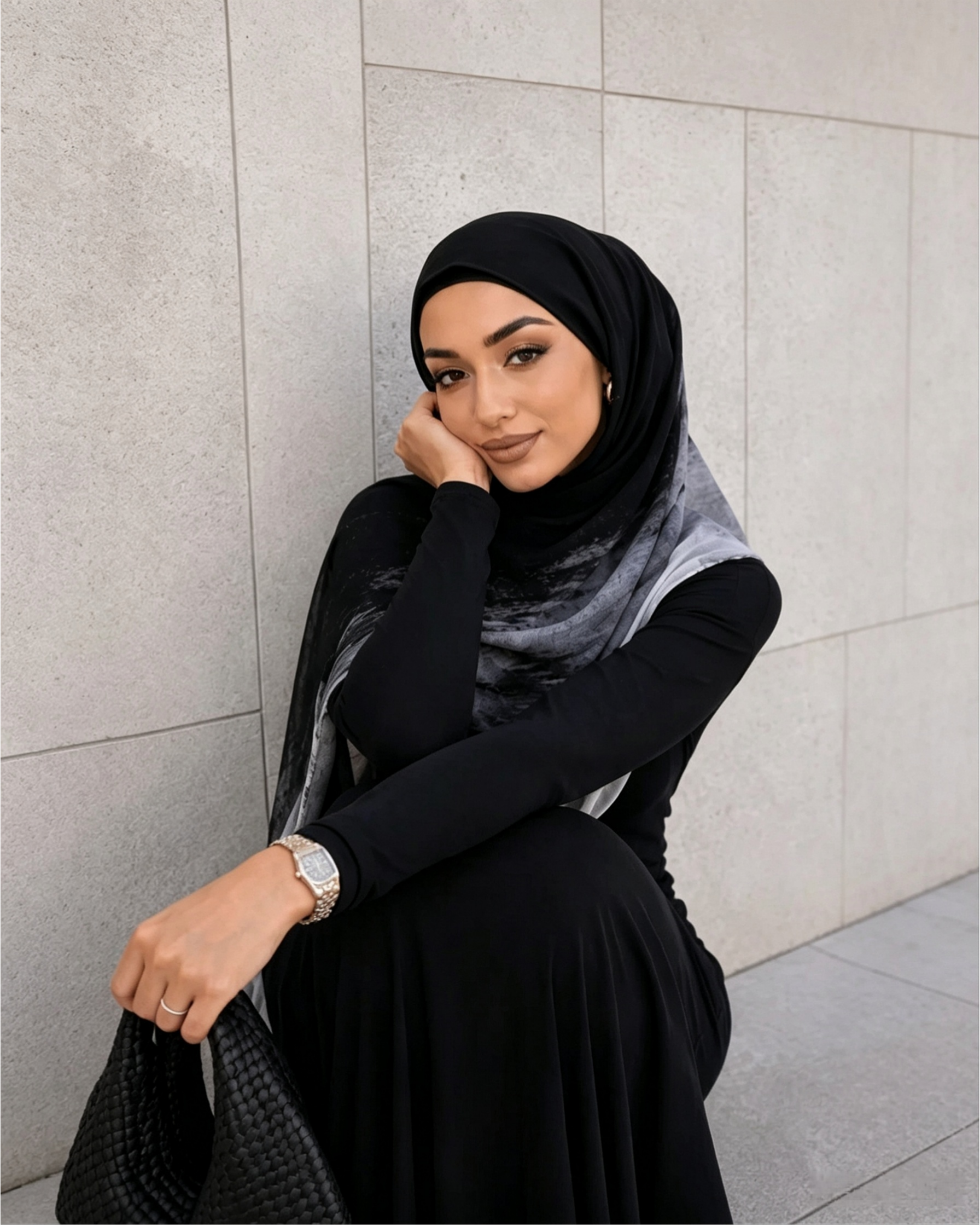 Black white marble hijab styled, monochrome modest look