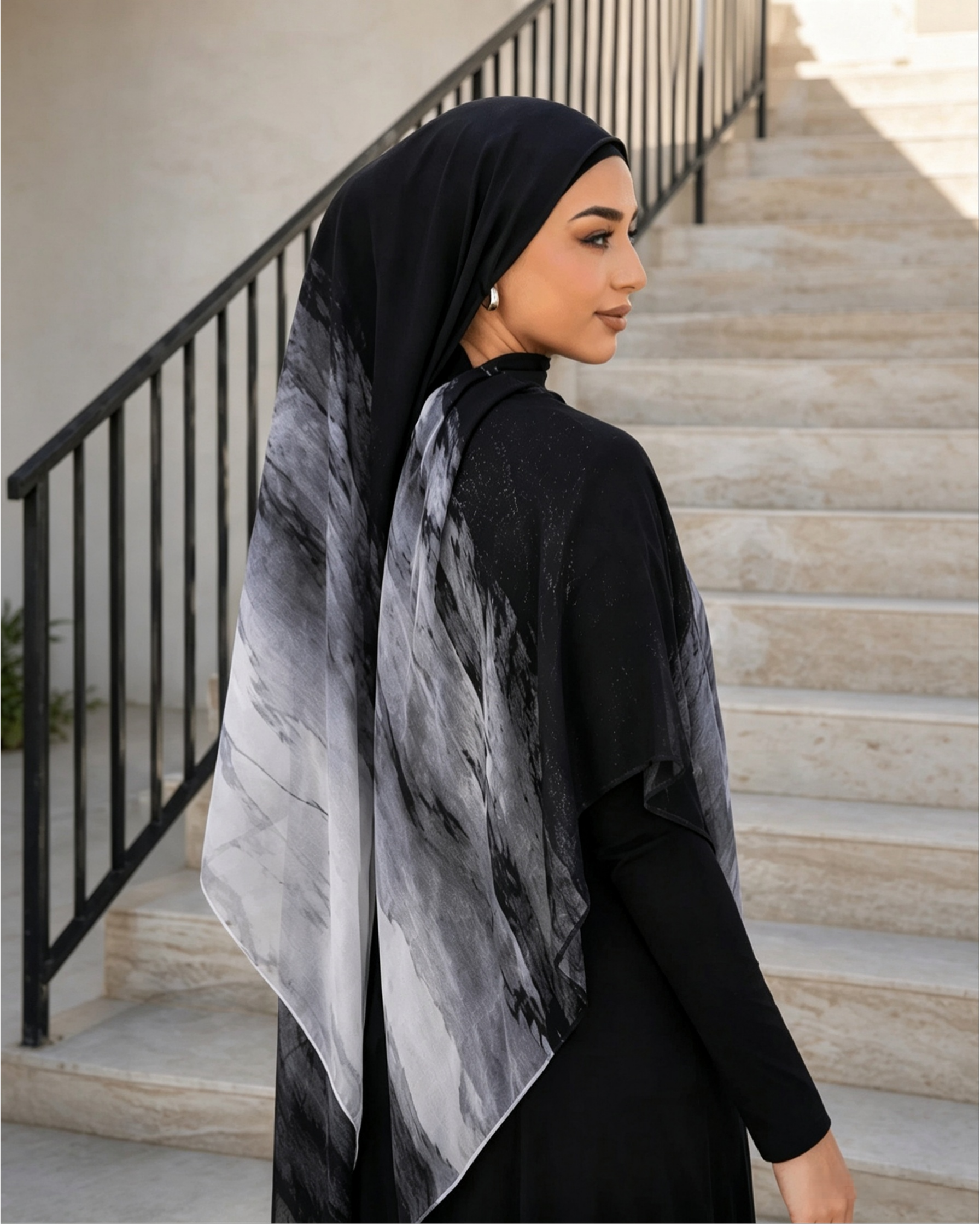 Black to white marble hijab shawl, storm watercolor print