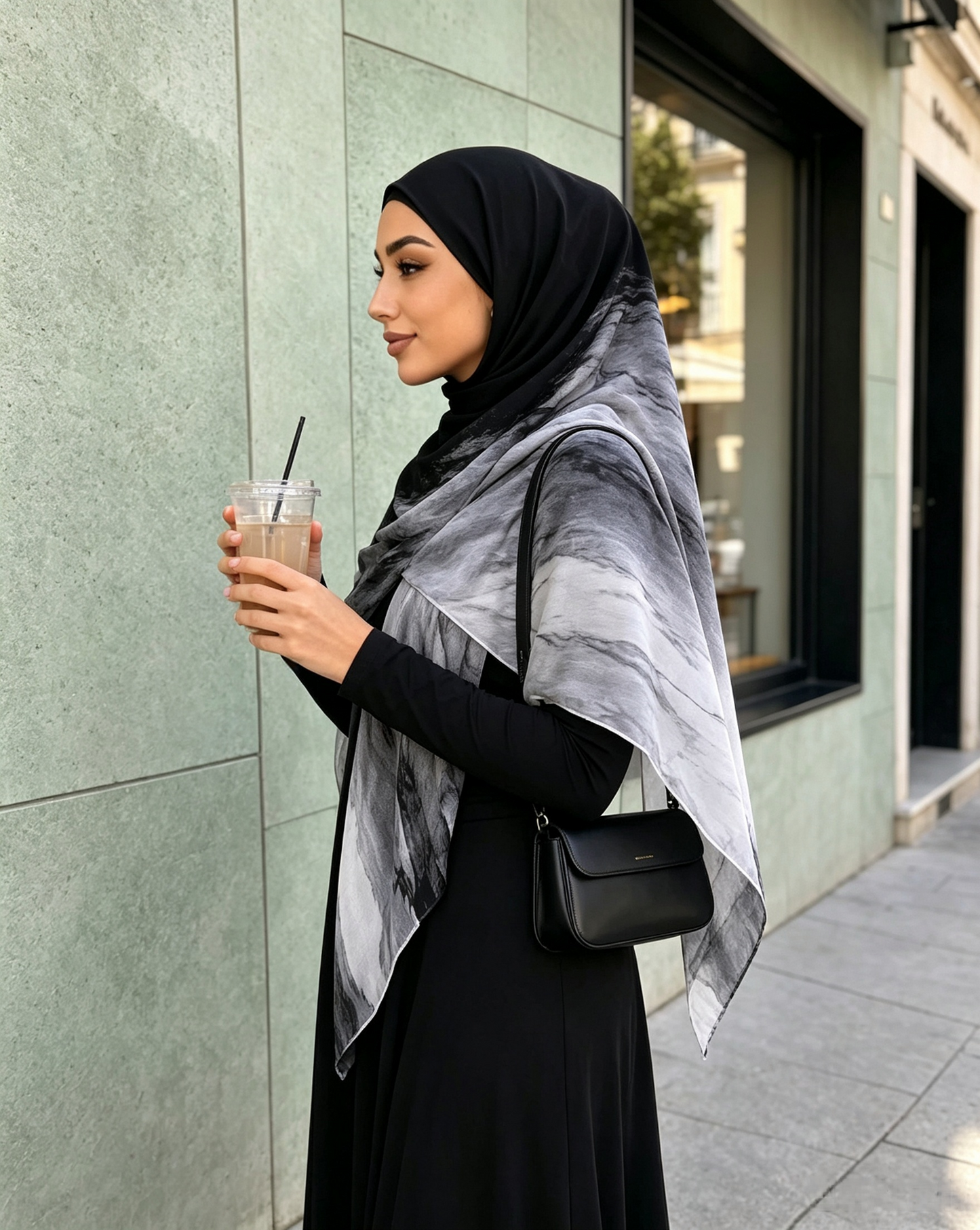 Black to white marble hijab shawl full view, 80x180cm cotton blend