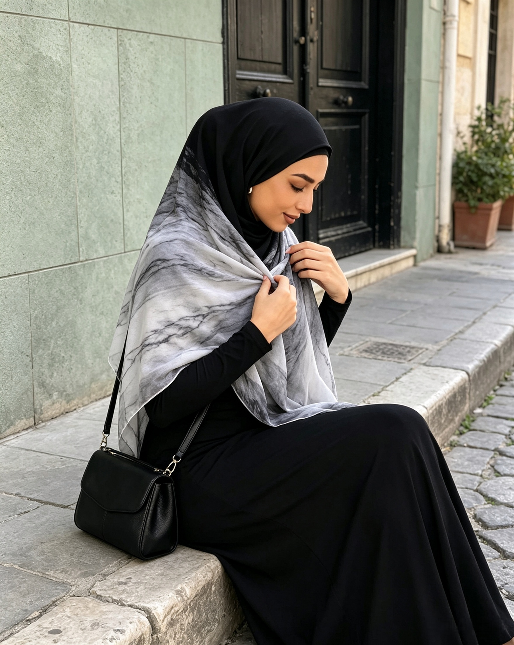 Black white marble hijab fabric texture, cotton blend
