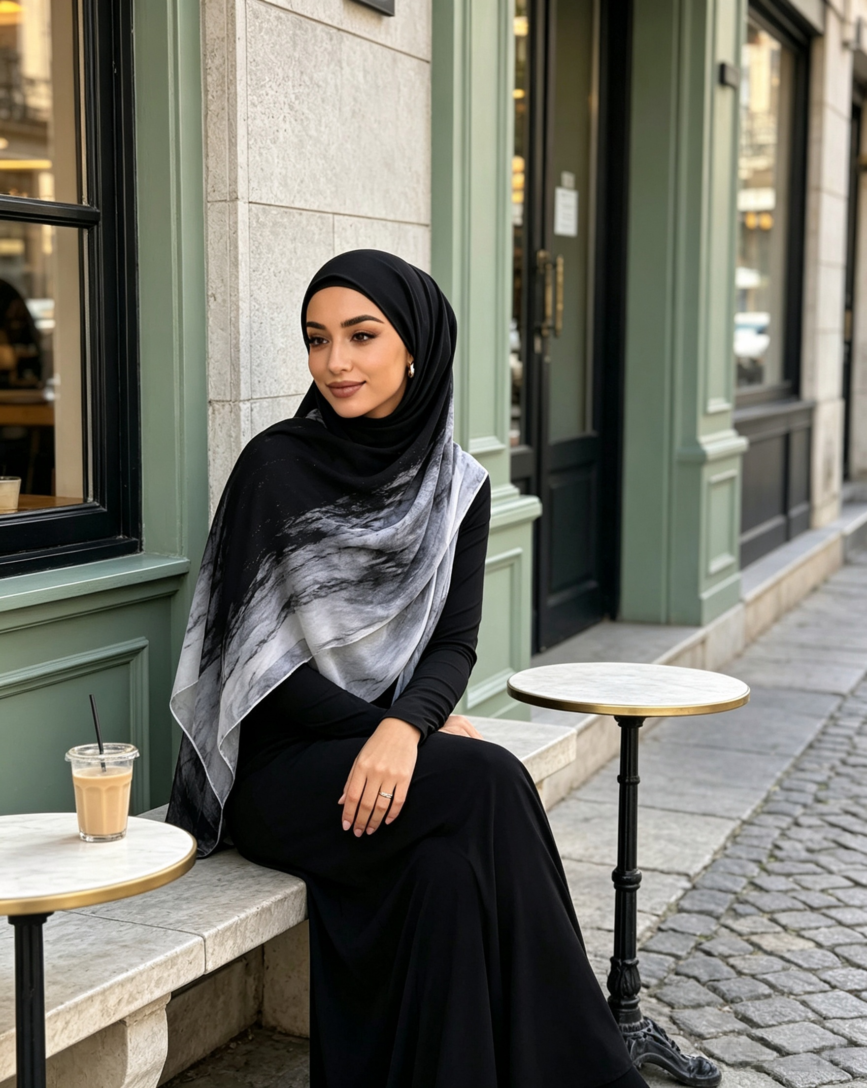 Black white marble hijab flat lay, ink flow print 80x180cm