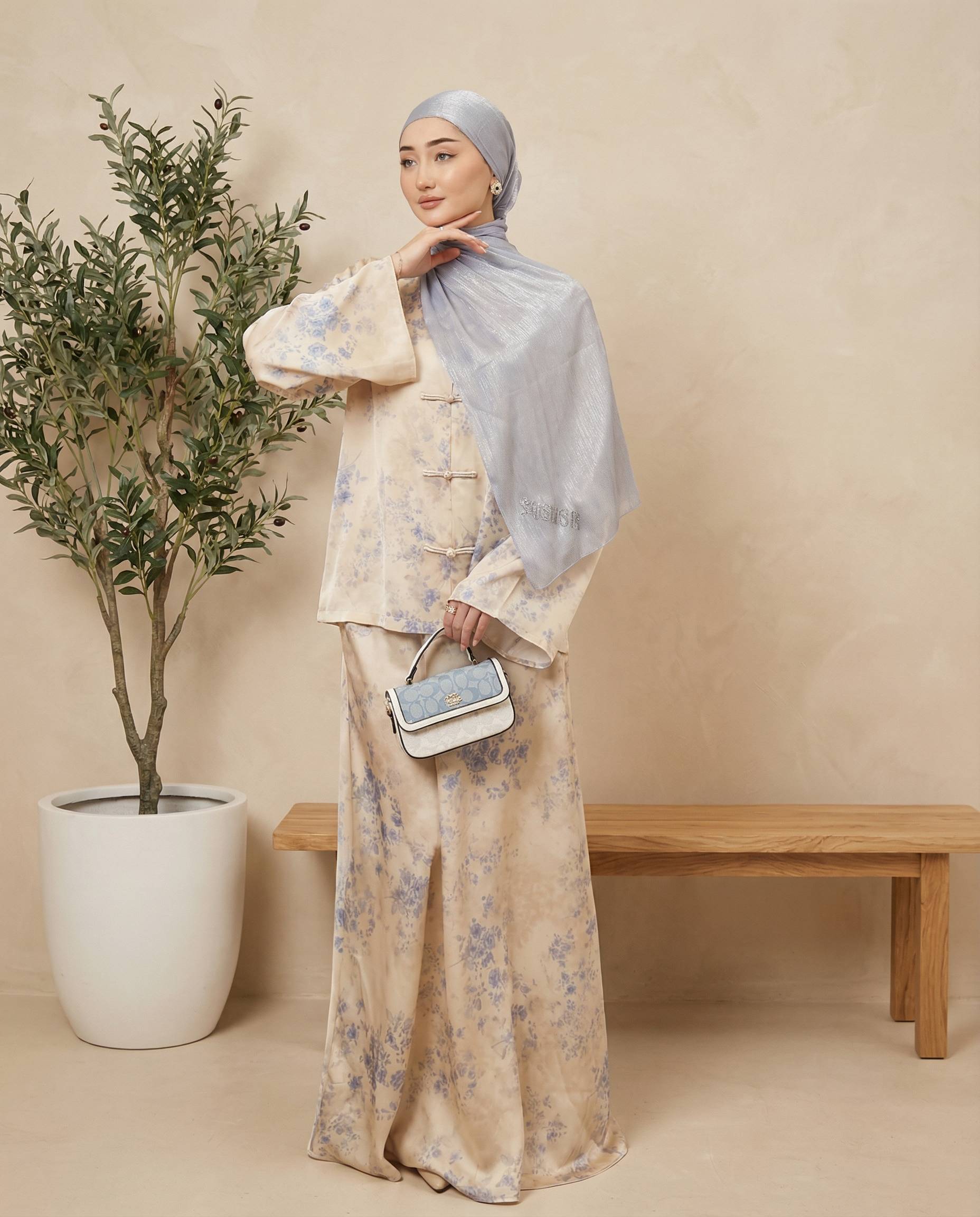 Printed Button 2-Piece Modest Set - Apricot Print