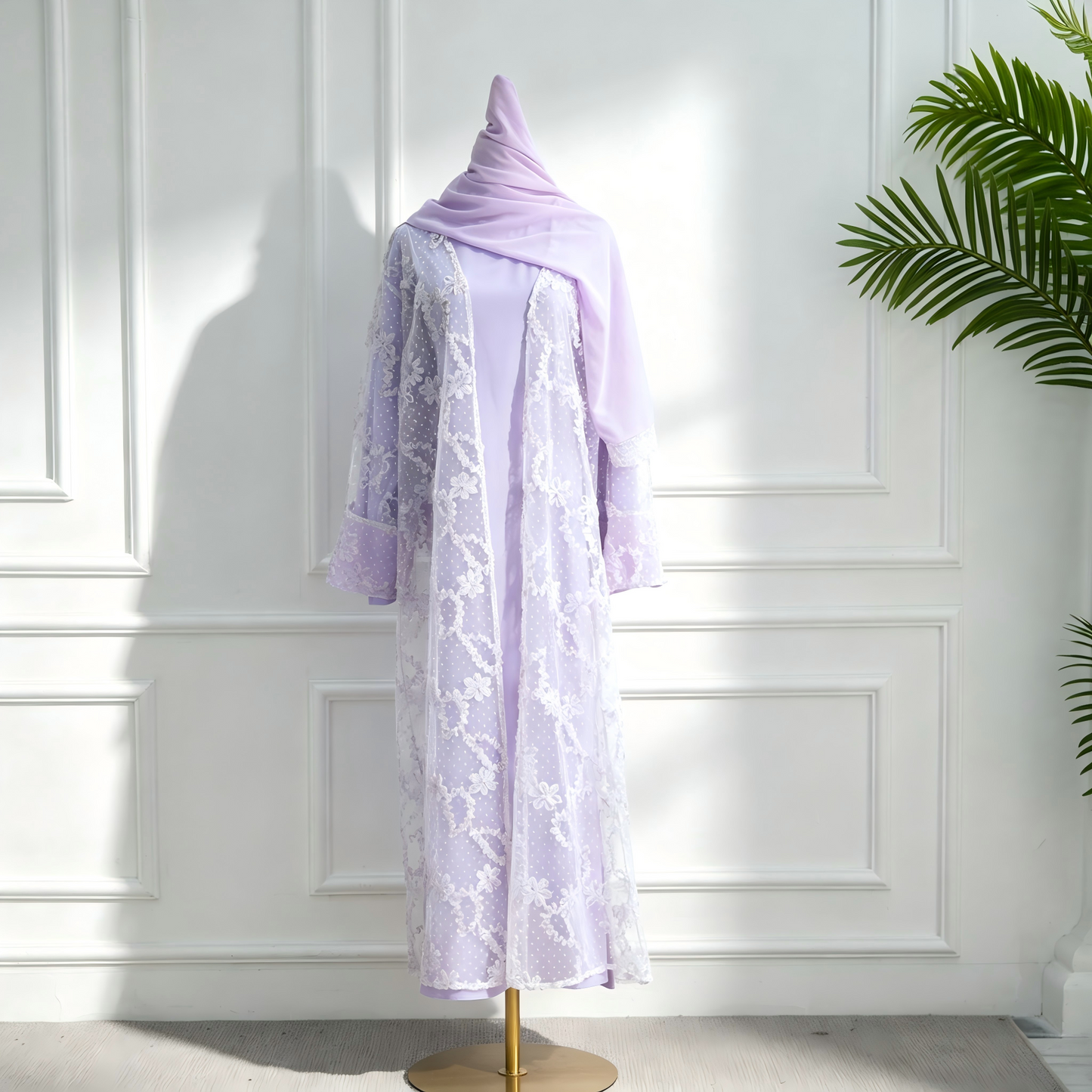 Elegant Mesh Cardigan Abaya and Hijab Set