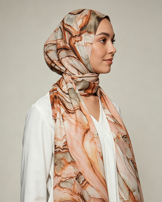 Camel Brown Black Swirl Marble Hijab Shawl – Watercolor Modest Head Scarf (80×180cm) - product image 9 of 10 | Lunar Elegance
