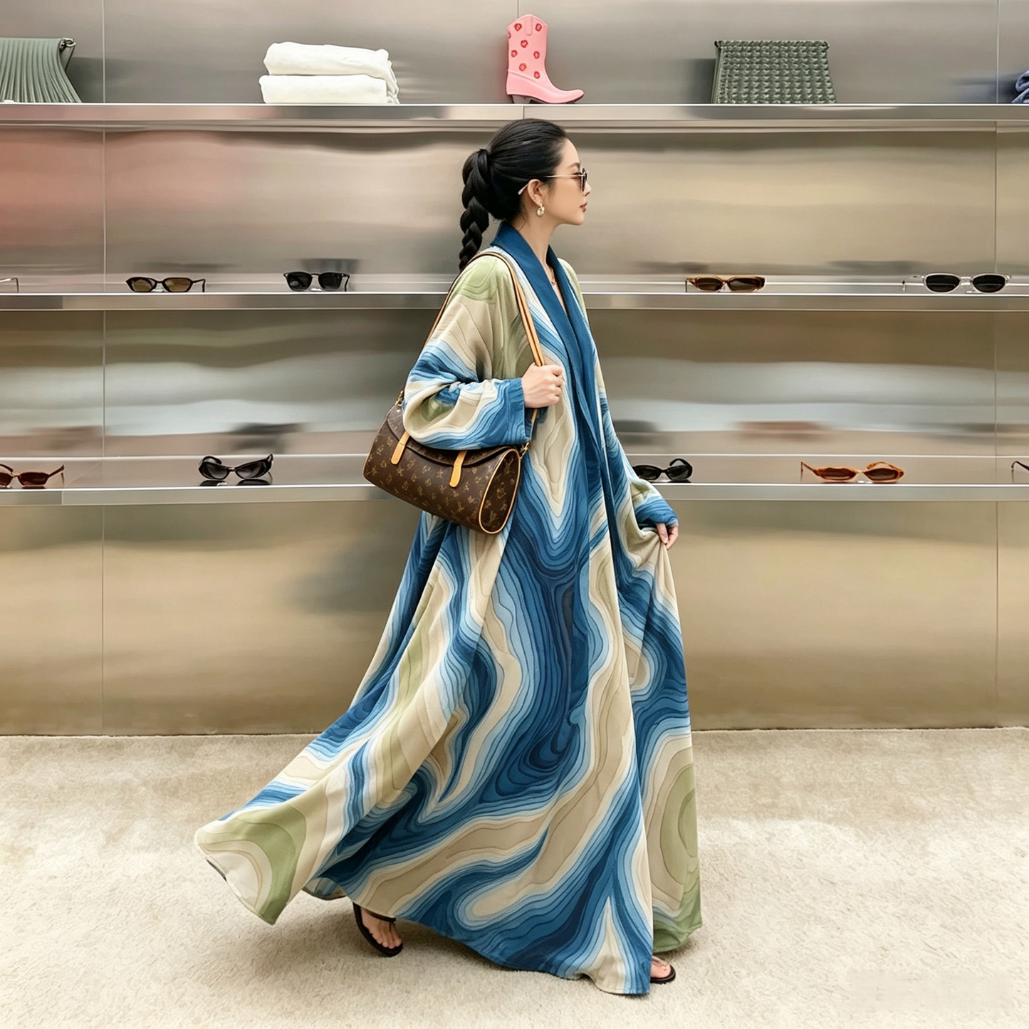 Teal blue four-way stretch open front abaya cardigan - lightweight modest Islamic outerwear