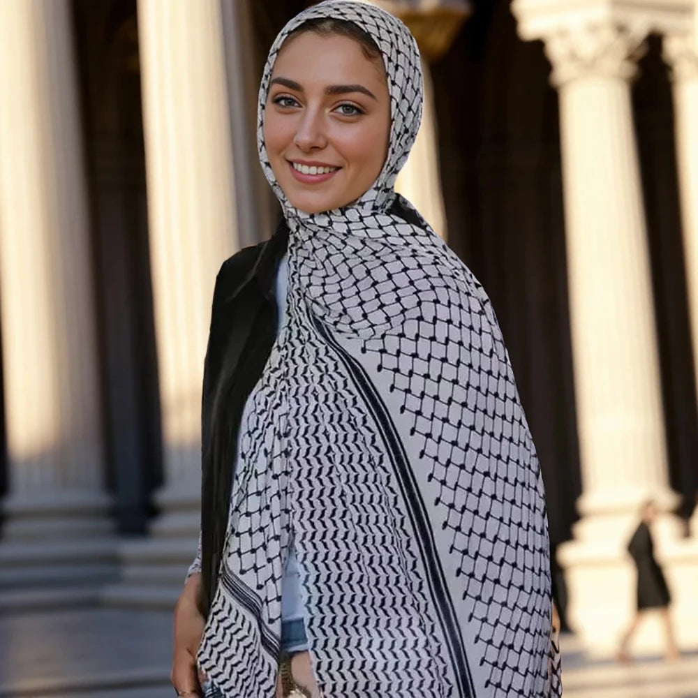 Keffiyeh Print Chiffon Hijab - White/Black, outdoor