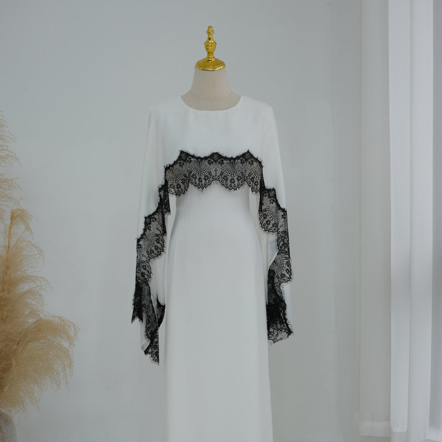 Lace Panel Cape Sleeve Modest Maxi Dress - Elegant Viscose Long Gown
