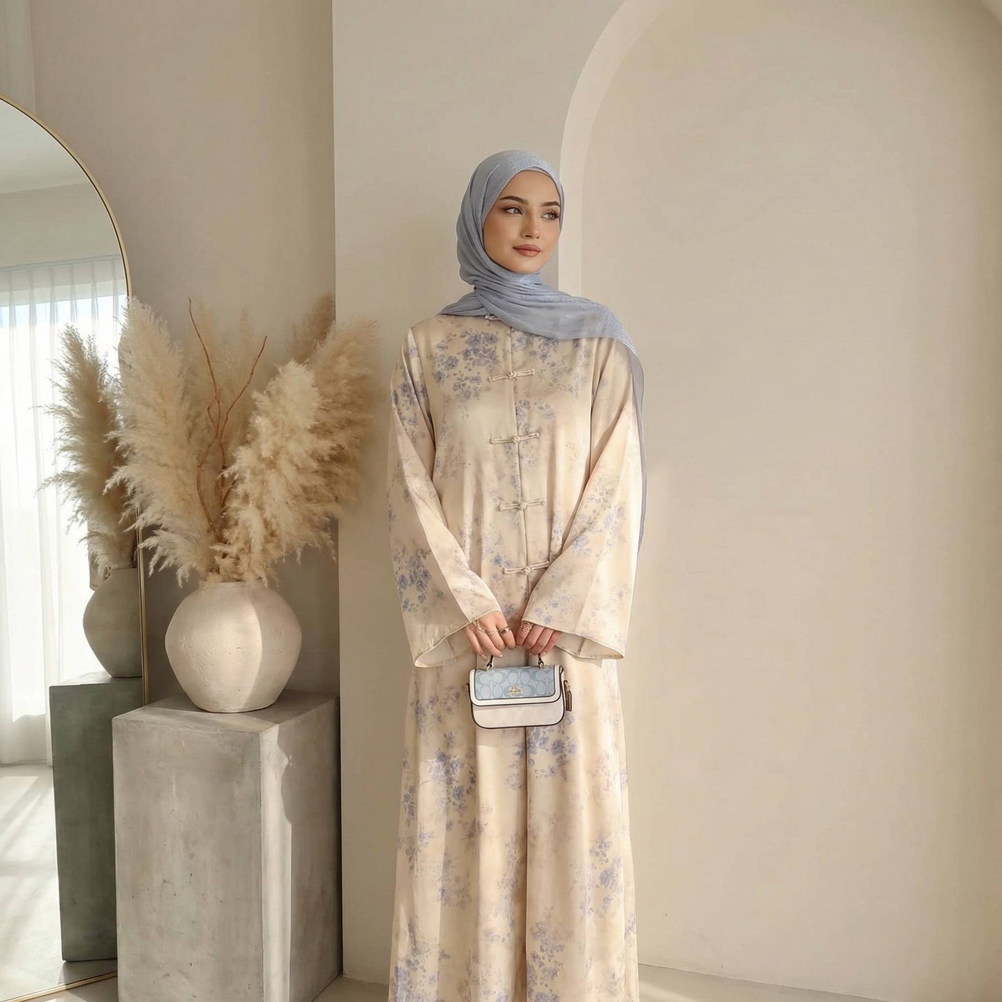 Printed Button 2-Piece Modest Set - Apricot Print