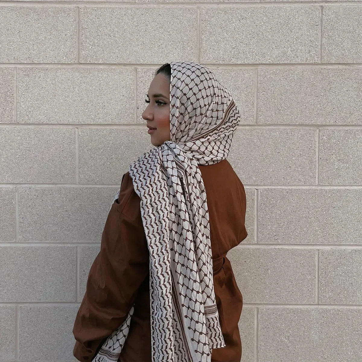 Keffiyeh Print Chiffon Hijab - Brown, side profile
