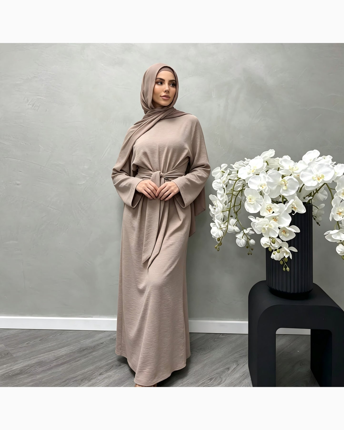 Solid color cotton belted maxi dress in elegant cut - modest long sleeve abaya dress for women