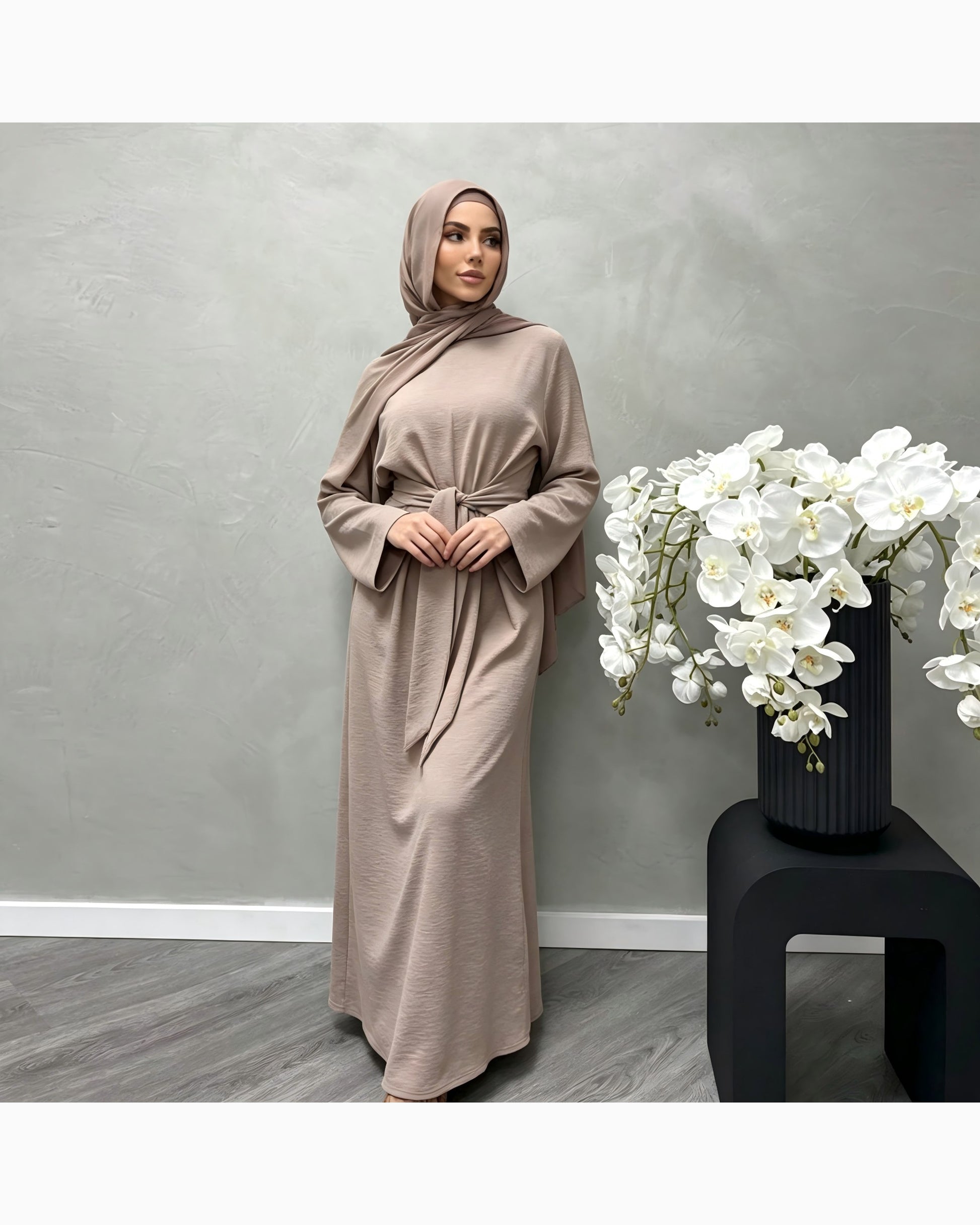 Solid color cotton belted maxi dress in elegant cut - modest long sleeve abaya dress for women