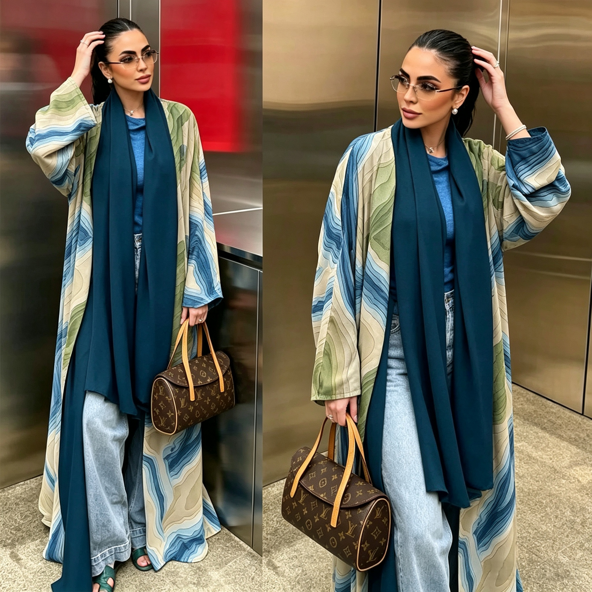 Teal blue four-way stretch open front abaya cardigan - lightweight modest Islamic outerwear
