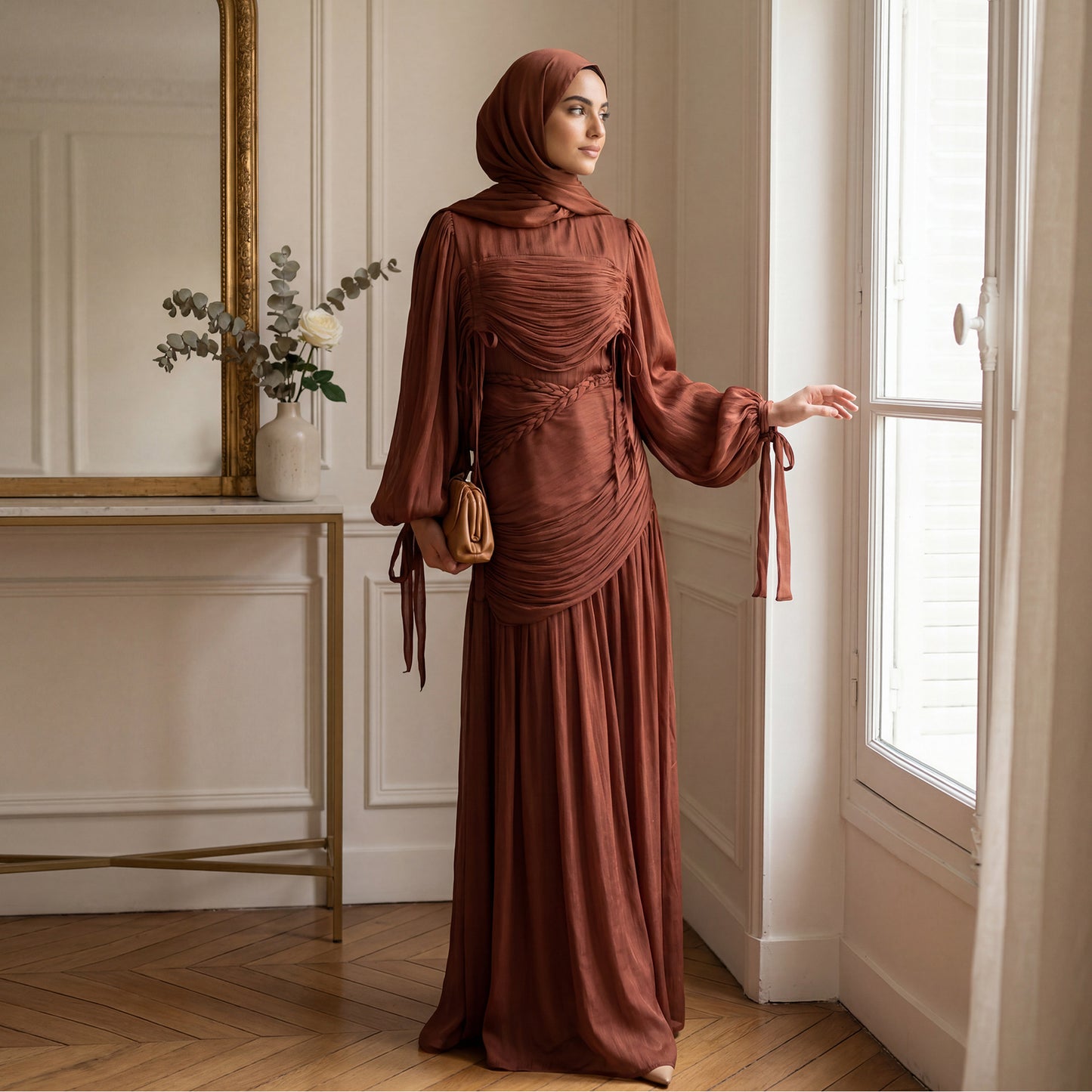 Elegant mock neck pleated maxi dress in brown - modest long sleeve abaya dress