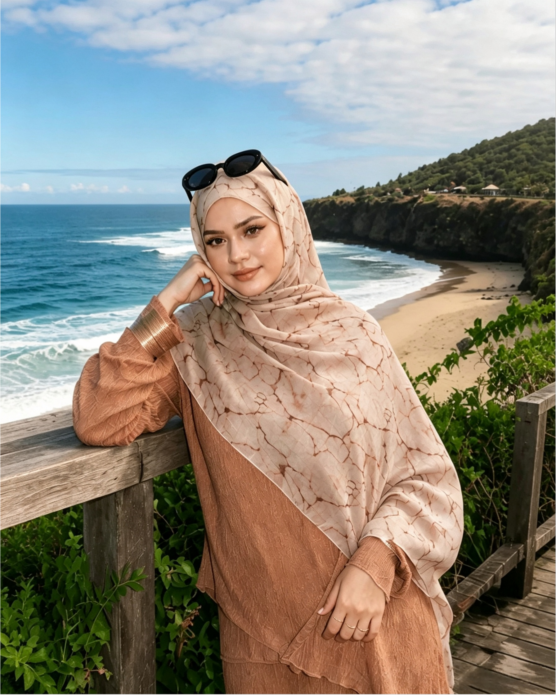 Nude Beige Floral Sketch Hijab Shawl – Botanical Modest Head Scarf (80×180cm) - product image 6 of 9 | Lunar Elegance