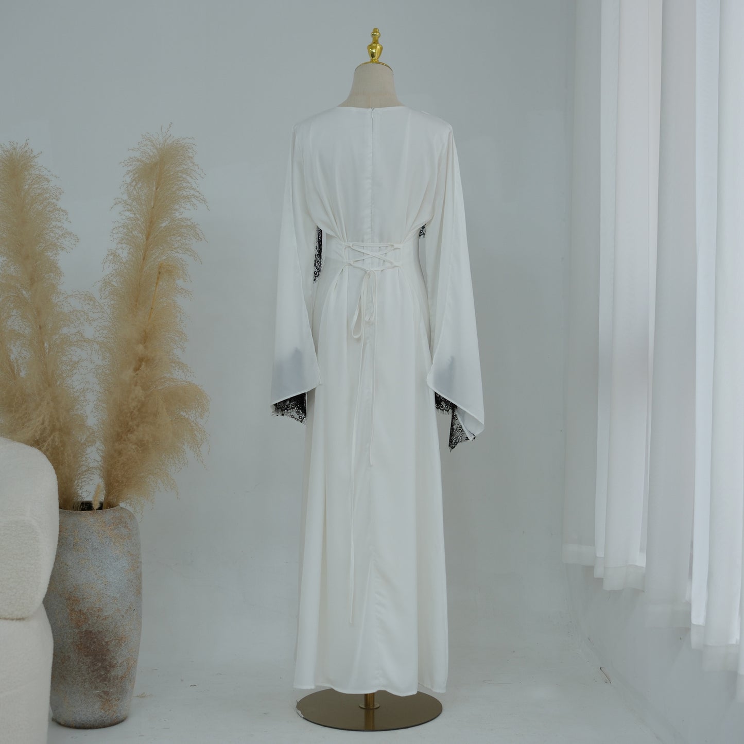 Lace Panel Cape Sleeve Modest Maxi Dress - Elegant Viscose Long Gown