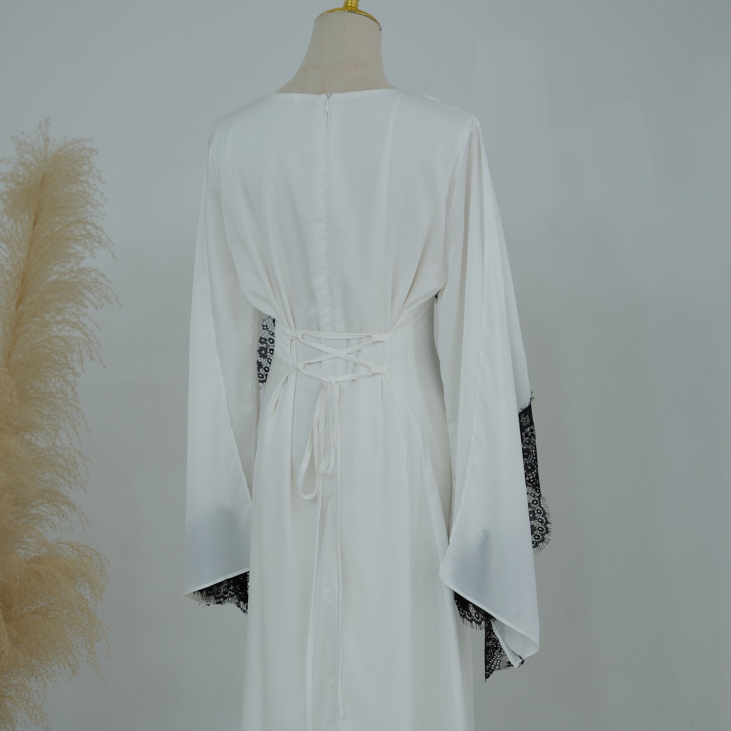 Lace Panel Cape Sleeve Modest Maxi Dress - Elegant Viscose Long Gown