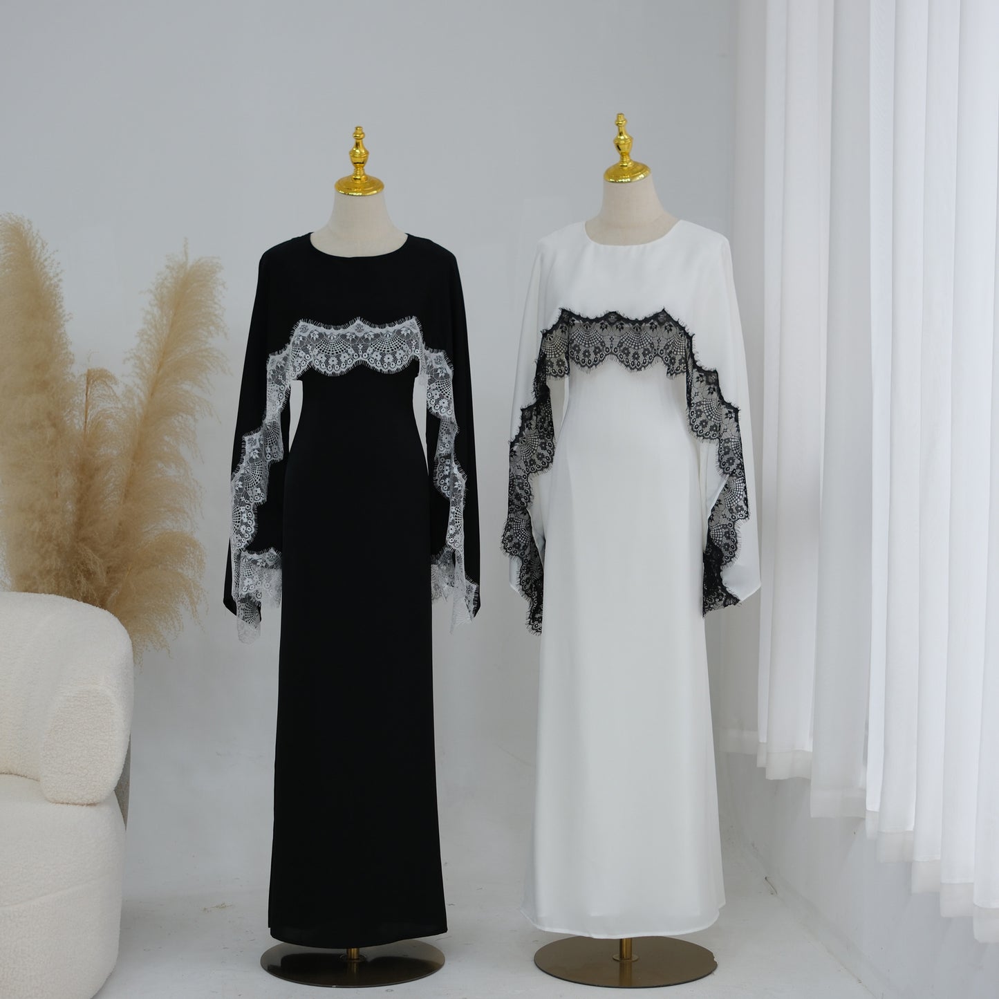 Lace Panel Cape Sleeve Modest Maxi Dress - Elegant Viscose Long Gown