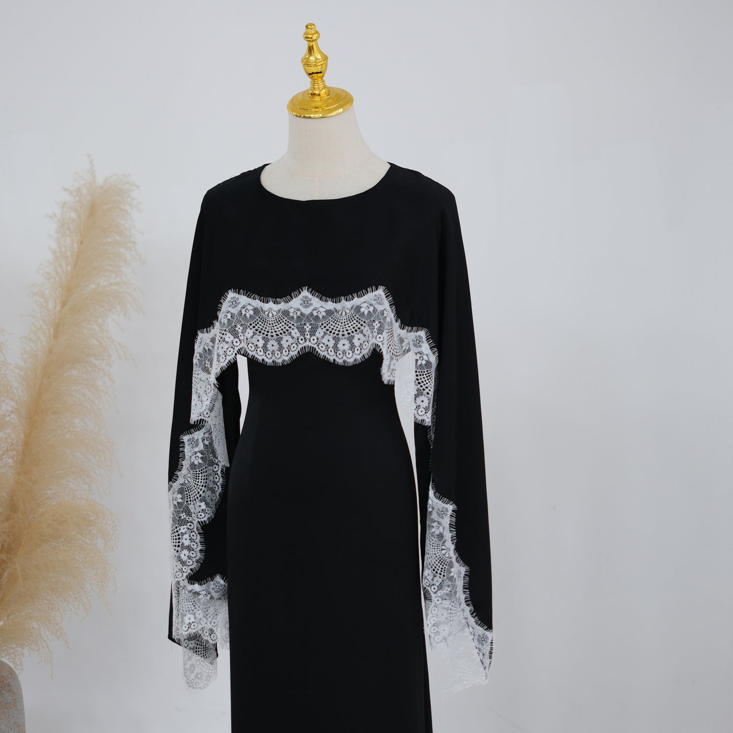 Lace Panel Cape Sleeve Modest Maxi Dress - Elegant Viscose Long Gown