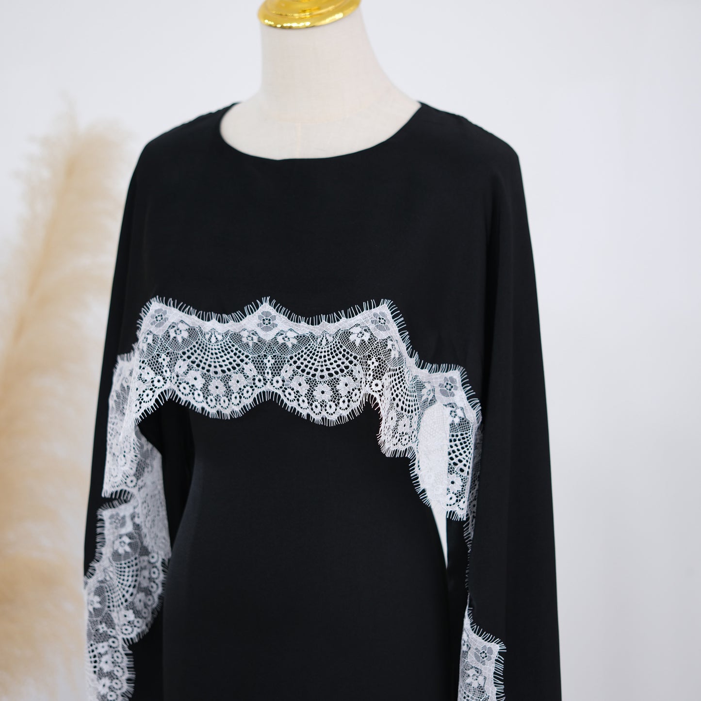 Lace Panel Cape Sleeve Modest Maxi Dress - Elegant Viscose Long Gown