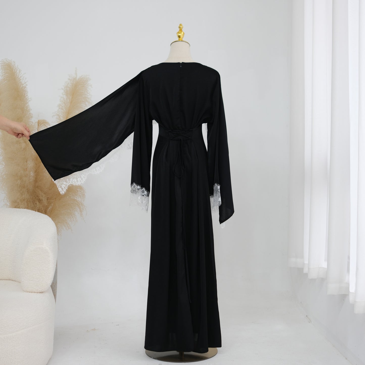 Lace Panel Cape Sleeve Modest Maxi Dress - Elegant Viscose Long Gown