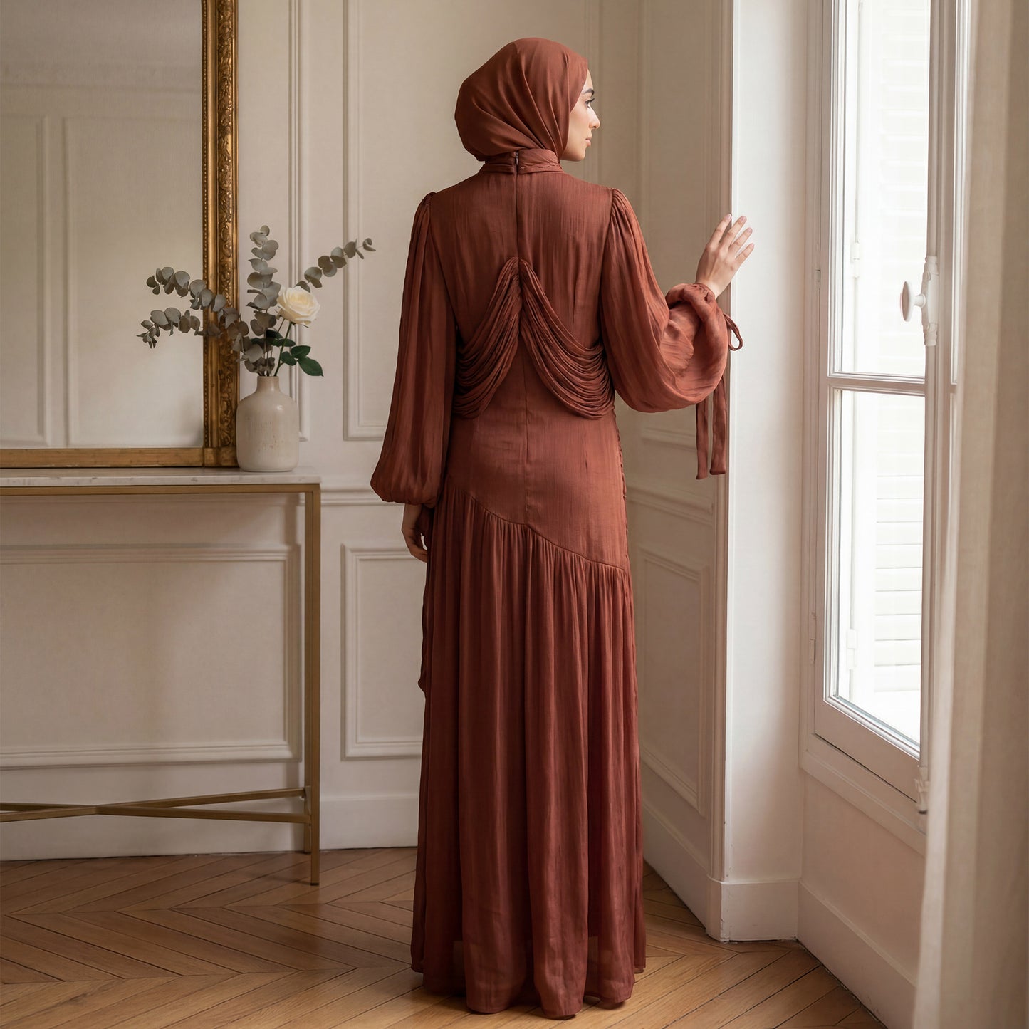 Elegant Mock Neck Pleated Maxi Dress - Modest Long Sleeve Abaya Dress