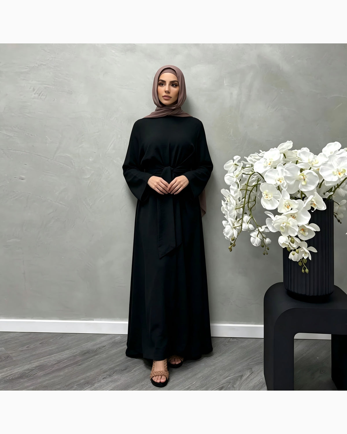 Solid color cotton belted maxi dress in elegant cut - modest long sleeve abaya dress for women