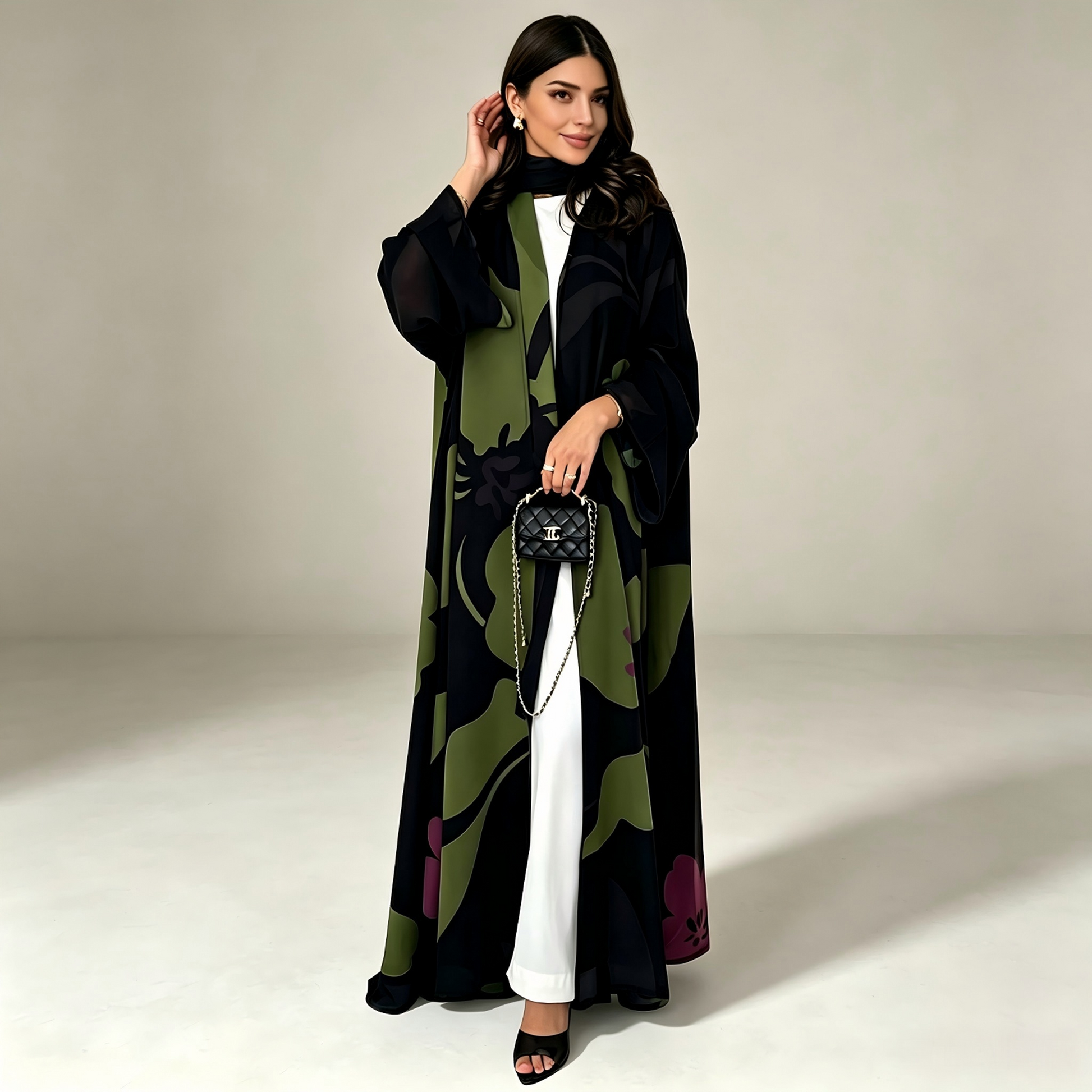 Back view of green chiffon abaya with long sleeves and maxi length