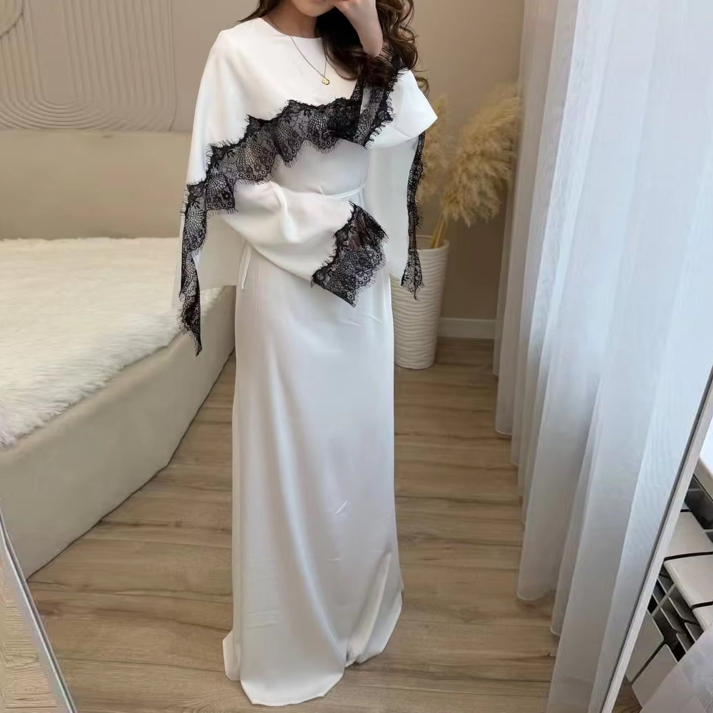 Lace Panel Cape Sleeve Modest Maxi Dress - Elegant Viscose Long Gown