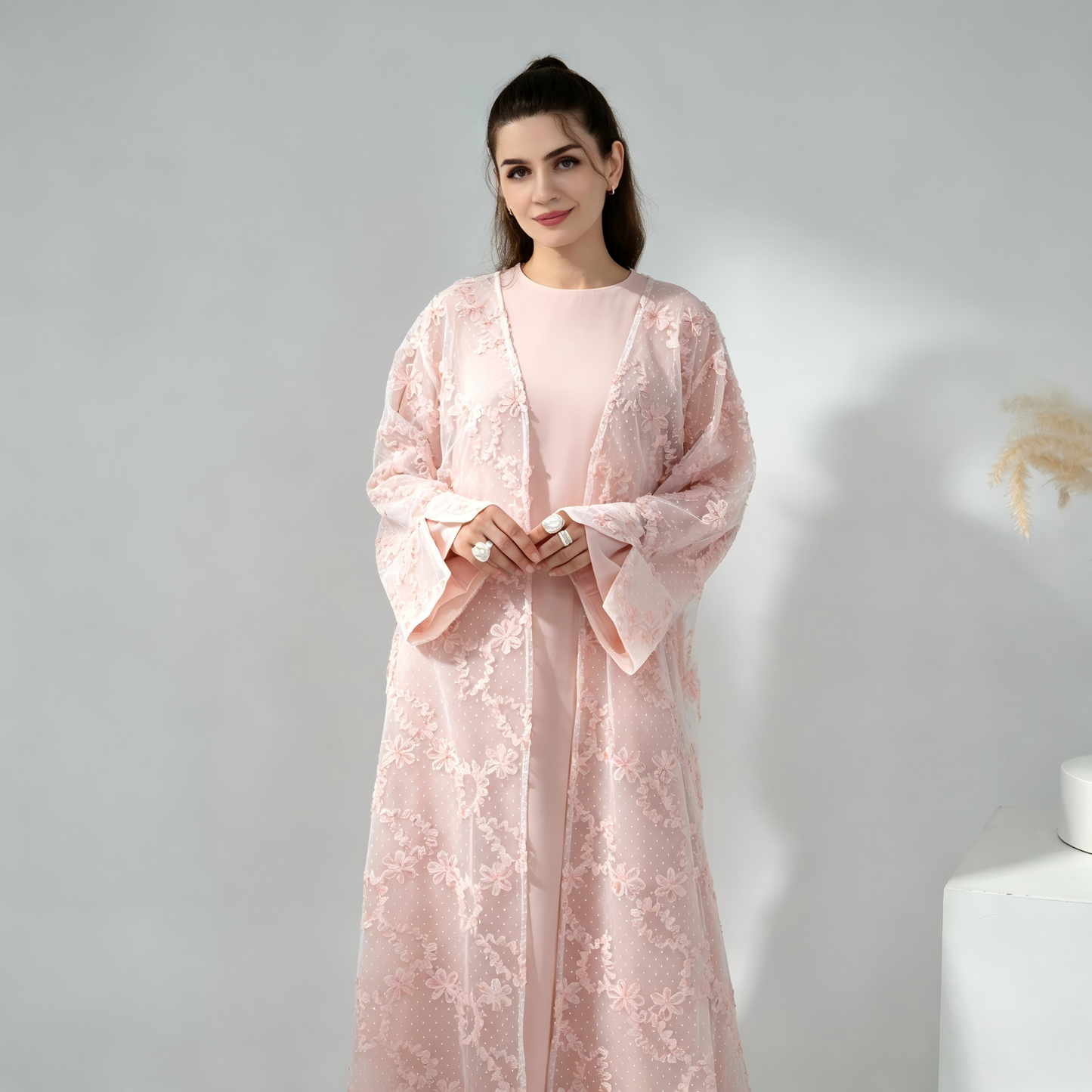 Elegant Mesh Cardigan Abaya and Hijab Set