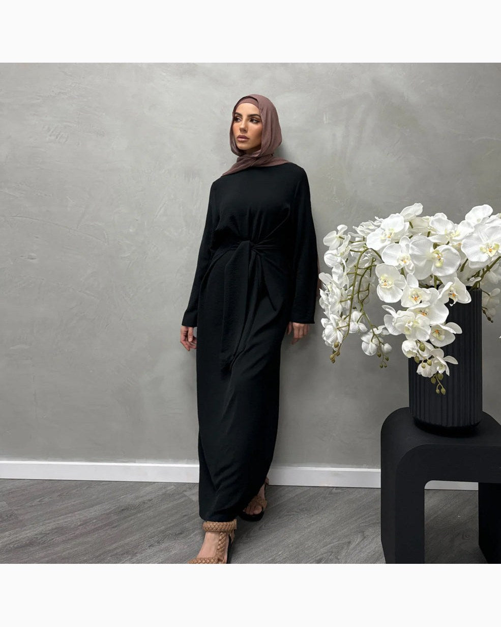 Solid Color Cotton Belted Maxi Dress – Modest Abaya Gown - product image 8 of 19 | Lunar Elegance