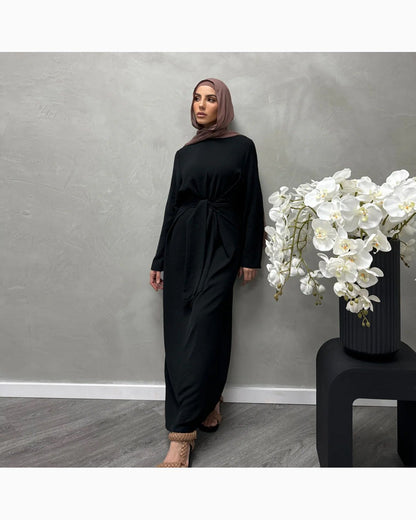 Solid Color Cotton Belted Maxi Dress – Modest Abaya Gown - product image 8 of 19 | Lunar Elegance
