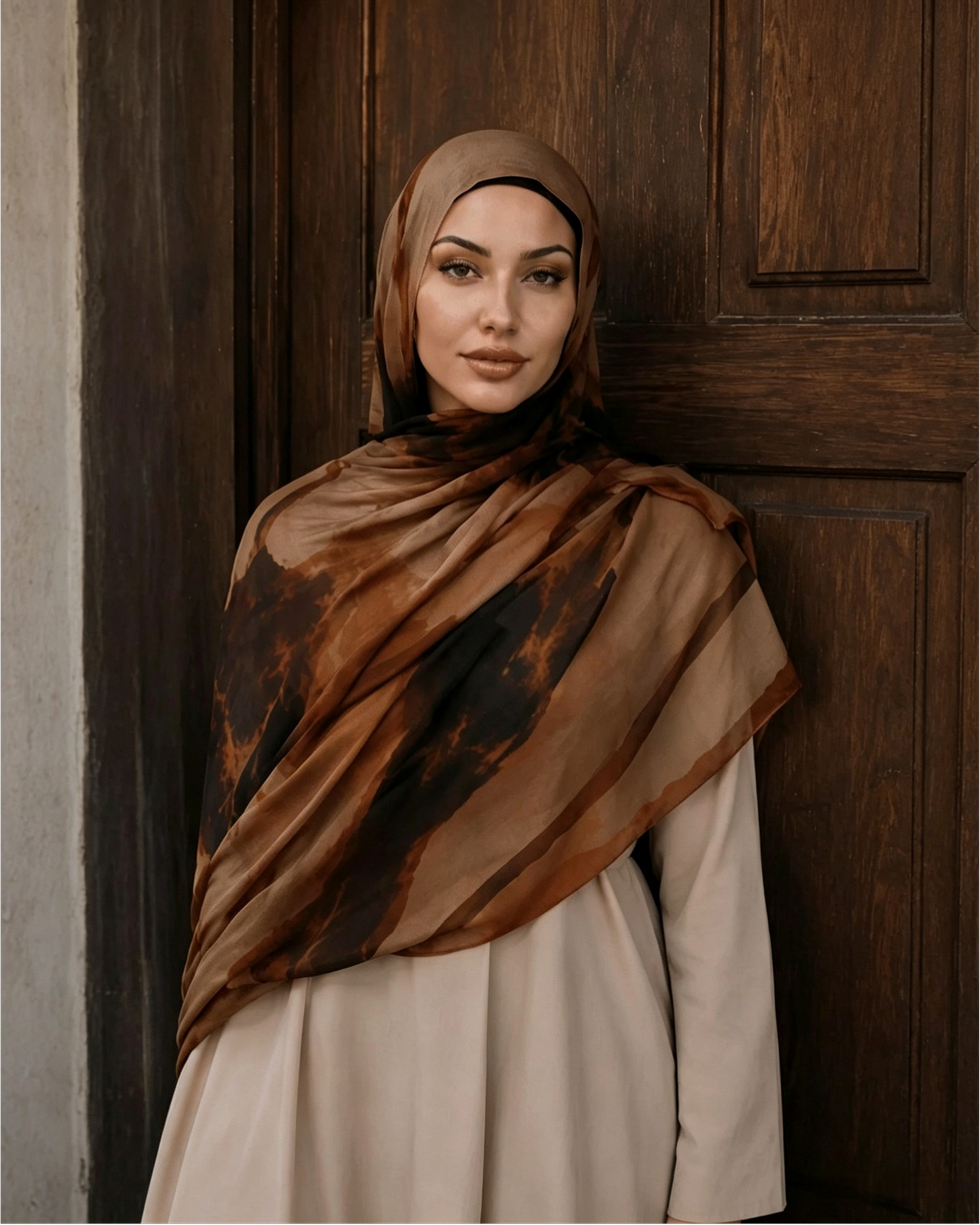 Camel brown lava marble polyester hijab shawl, 80x180cm modest head scarf
