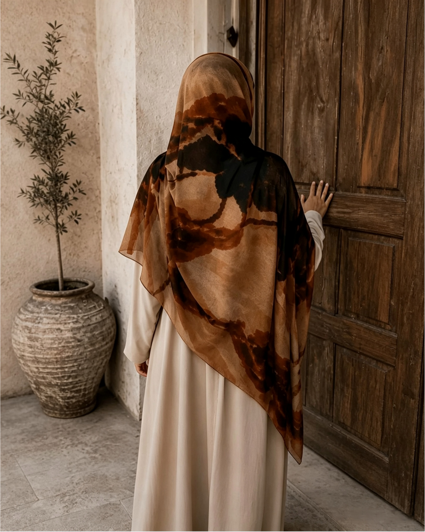 Camel brown marble hijab folded edge detail, 80x180cm