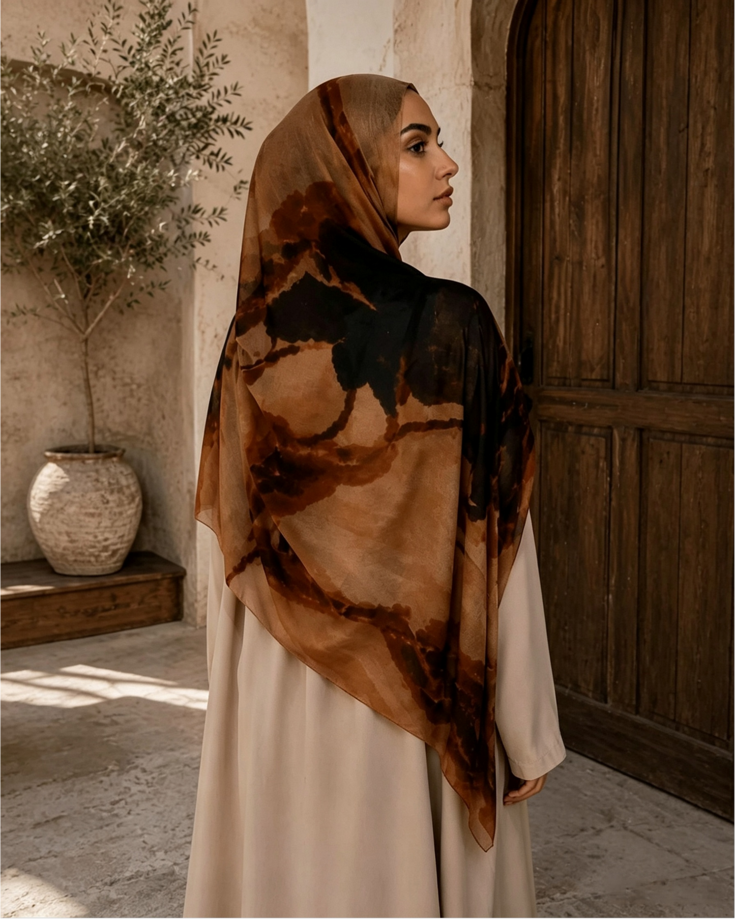 Camel brown marble hijab shawl, agate flow print 80x180cm