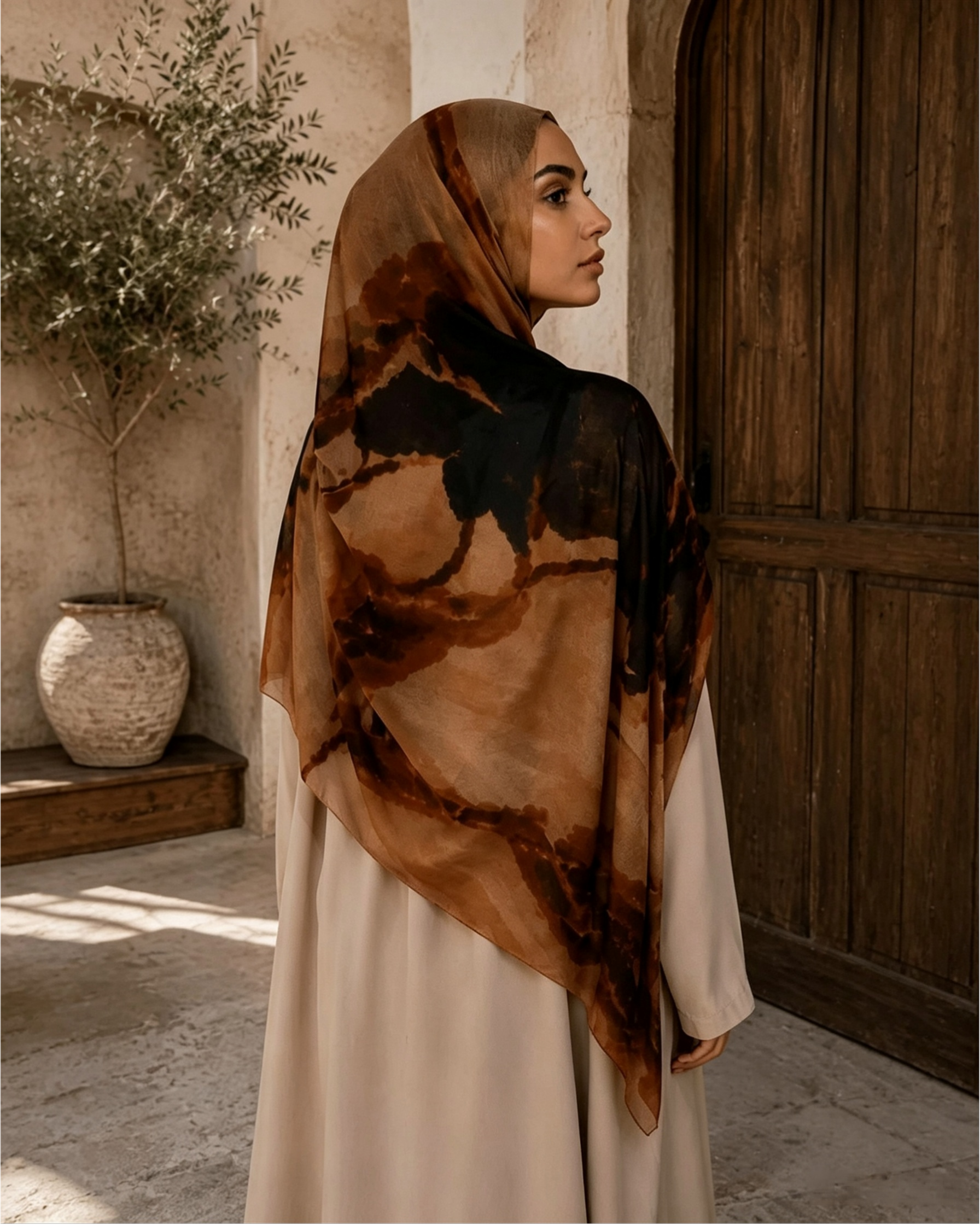 Camel brown marble hijab shawl, agate flow print 80x180cm