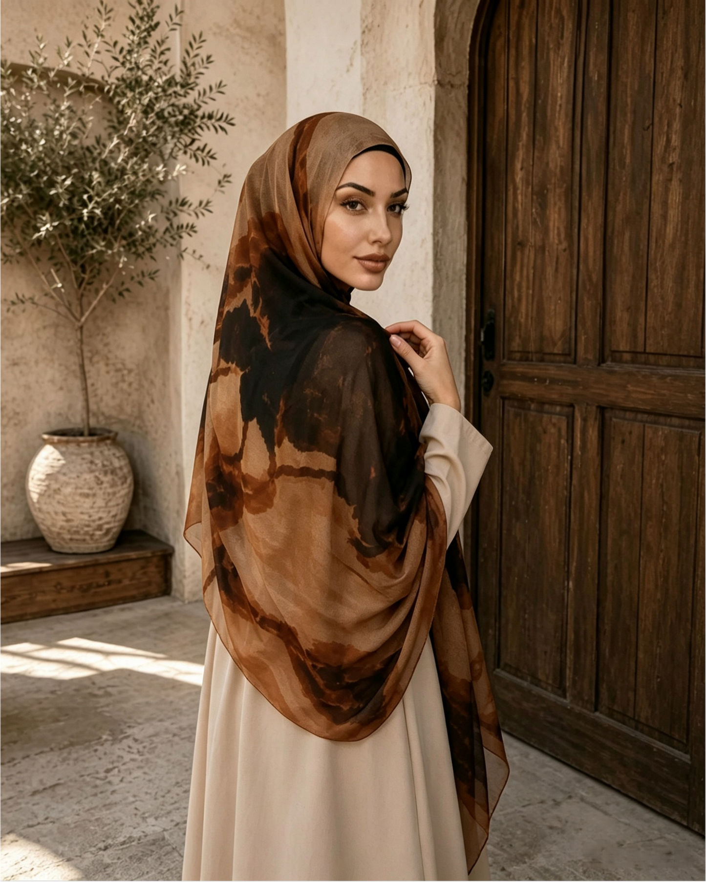 Camel brown marble hijab shawl styled, 80x180cm modest wear