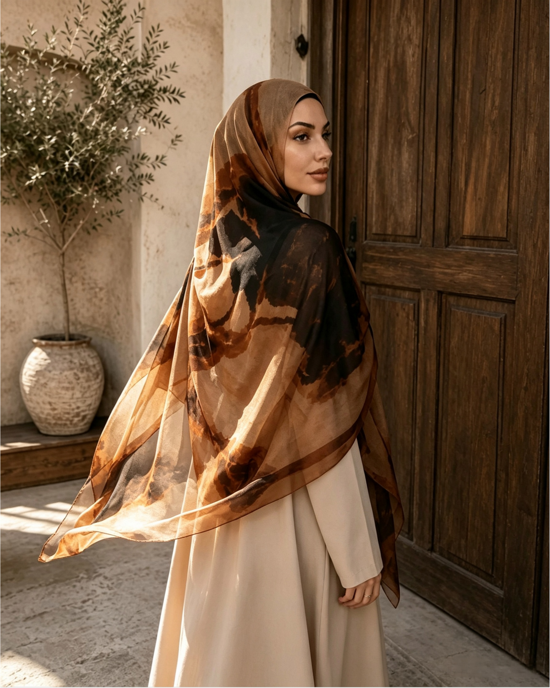 Camel brown marble hijab draped on shoulders, 80x180cm lightweight