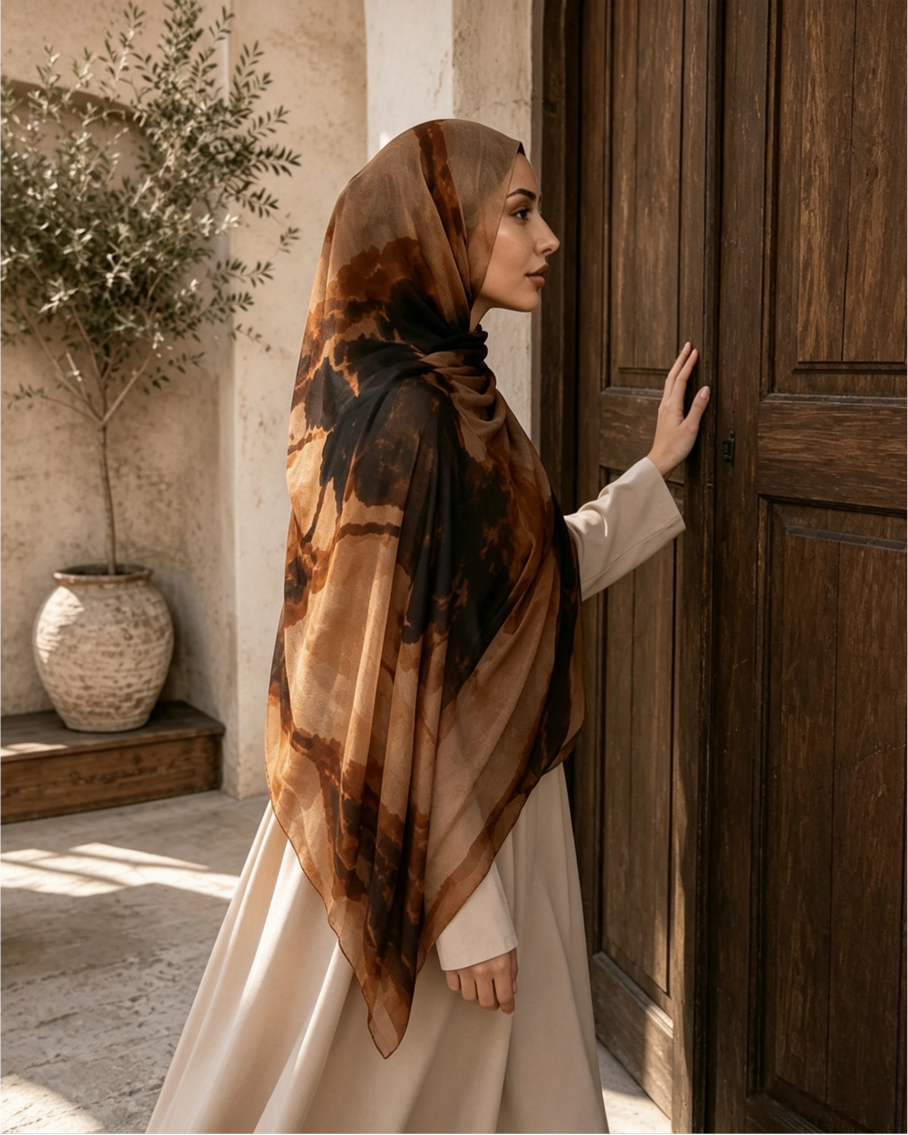 Camel brown marble hijab fabric texture, polyester blend