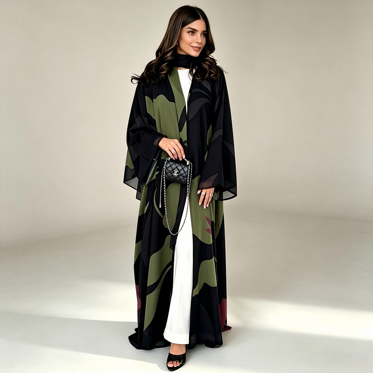 Close-up of green chiffon fabric print detail