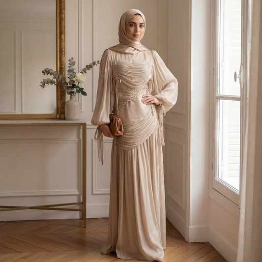 Elegant mock neck pleated maxi dress in beige - modest long sleeve abaya dress
