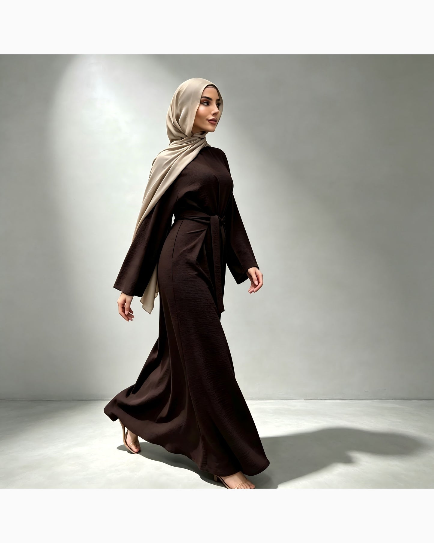 Solid color cotton belted maxi dress in elegant cut - modest long sleeve abaya dress for women