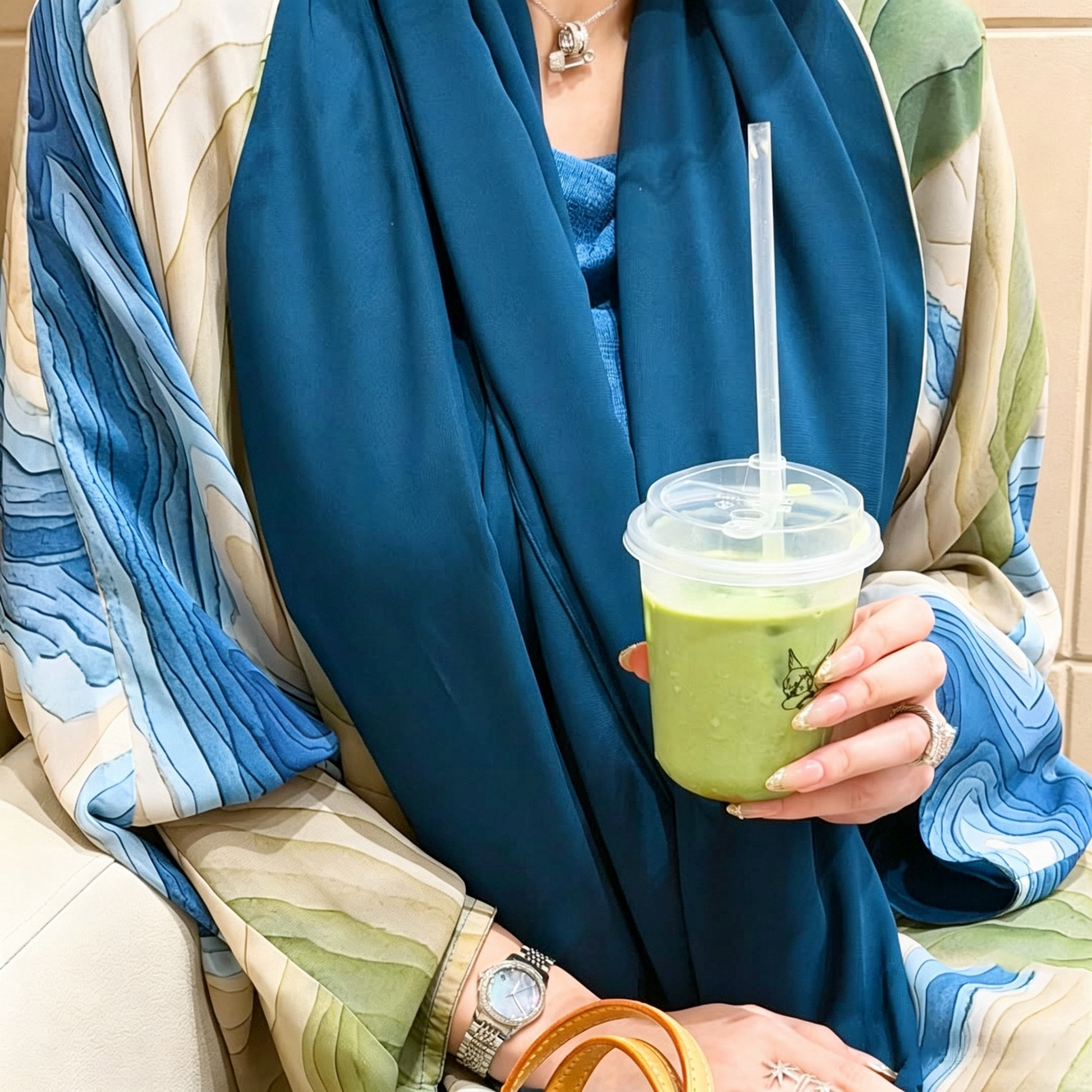 Teal blue four-way stretch open front abaya cardigan - lightweight modest Islamic outerwear