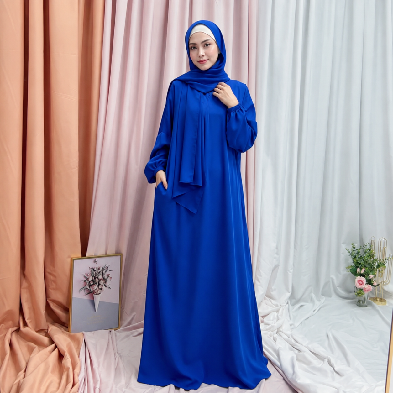 Basic Closed Abaya with Attached Hijab - Royal blue - full length modest maxi dress