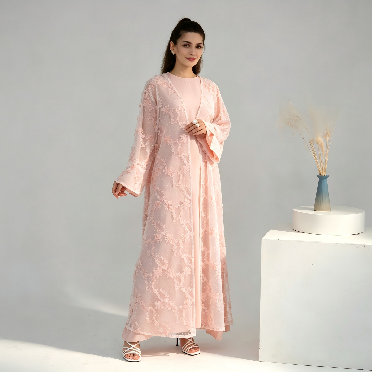 Elegant Mesh Cardigan Abaya and Hijab Set