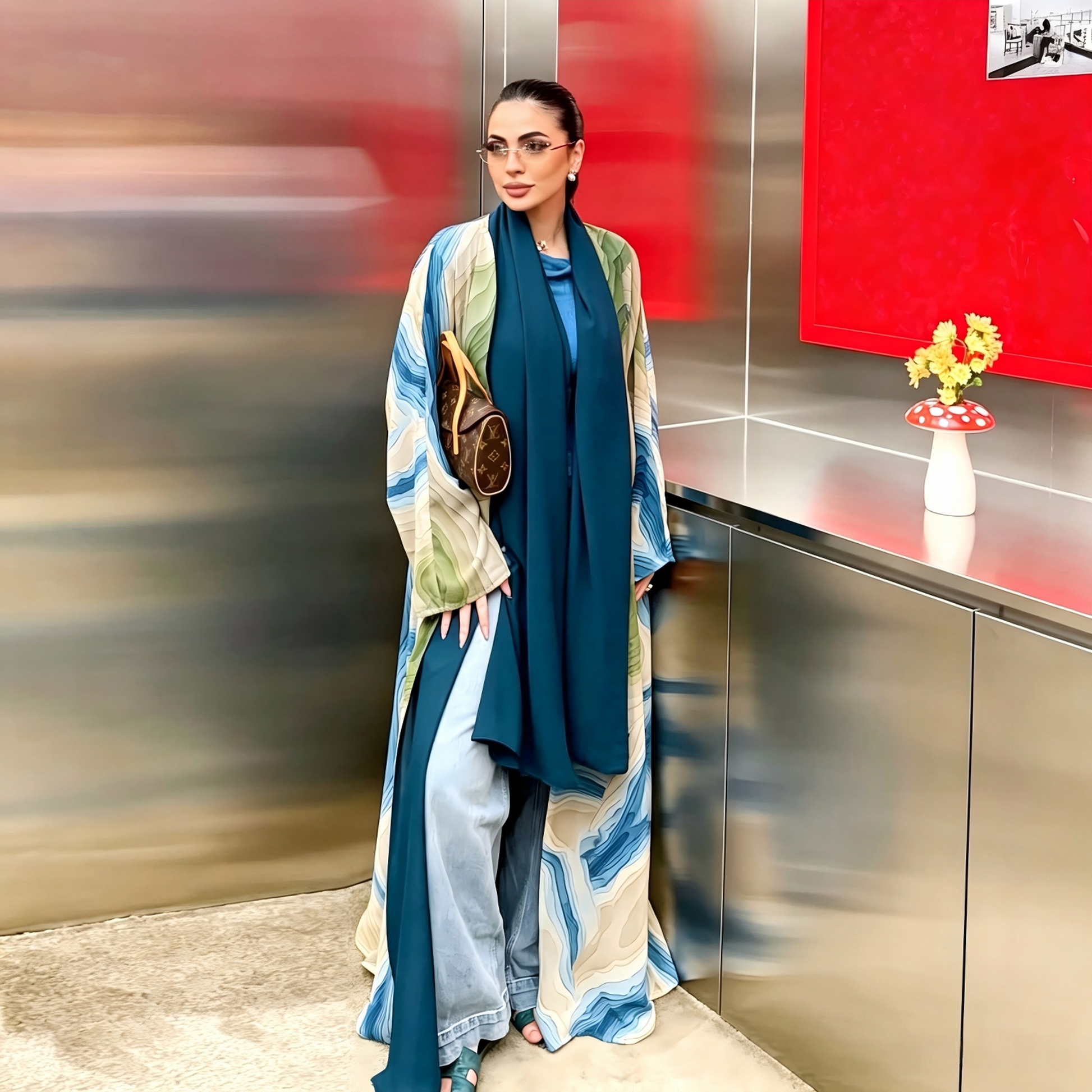 Teal blue four-way stretch open front abaya cardigan - lightweight modest Islamic outerwear