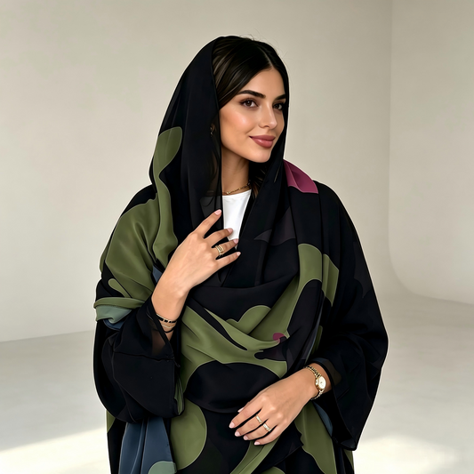 Green abaya and hijab set styled on model full length